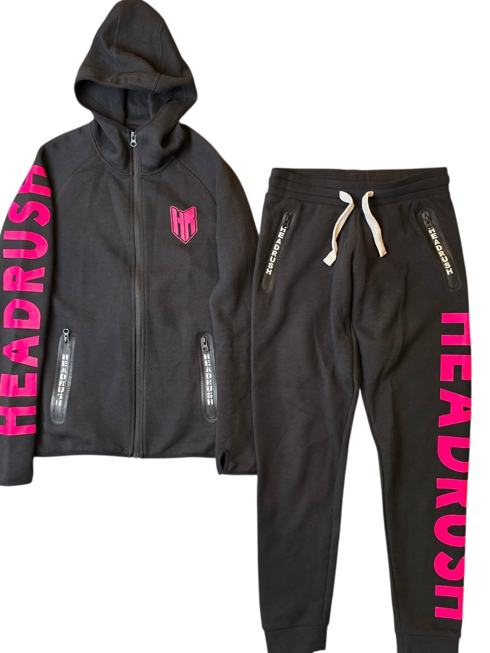 Headrush Womans Hoodie And Jogger Set XXS Black Hot Pink Logo Bikercore MMA